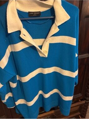 Lane Bryant Blue & Cream Striped V‑Neck Sweater